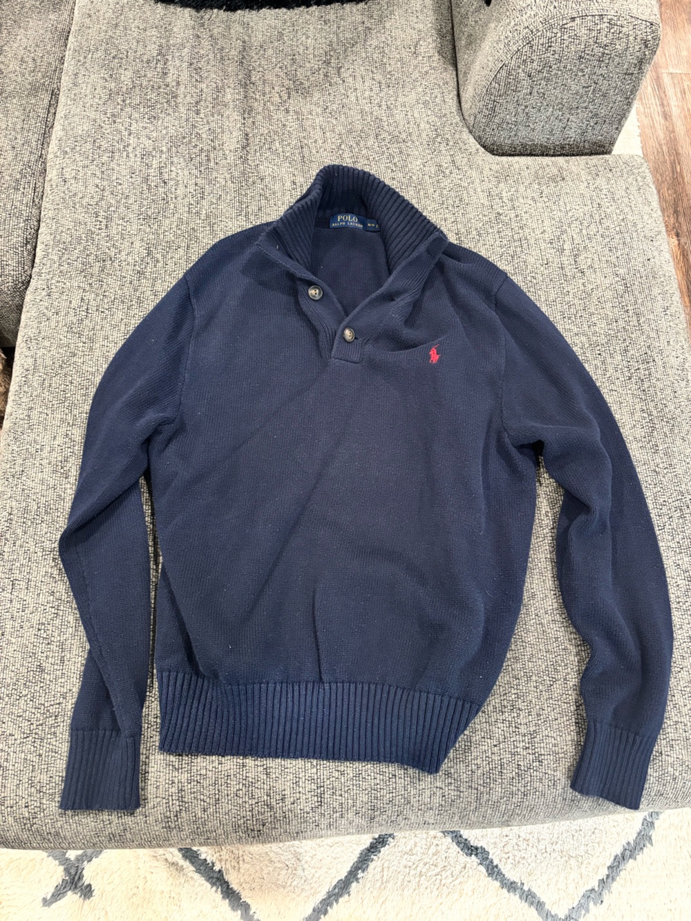 Ralph Lauren Navy Crewneck Shawl-Collar Sweater with Red Pony